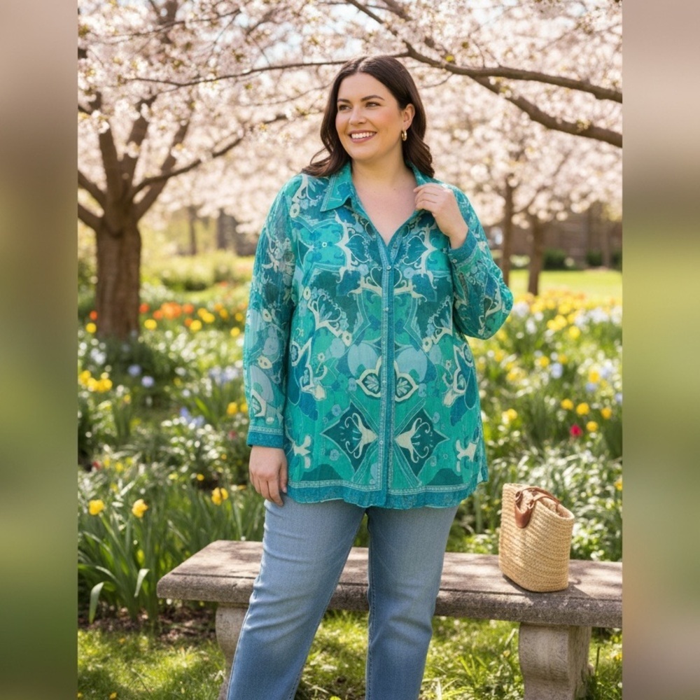I.C.E. Sheer Turquoise Boho Tunic Blouse Size 22 Plus Flowy Beach Resort Top